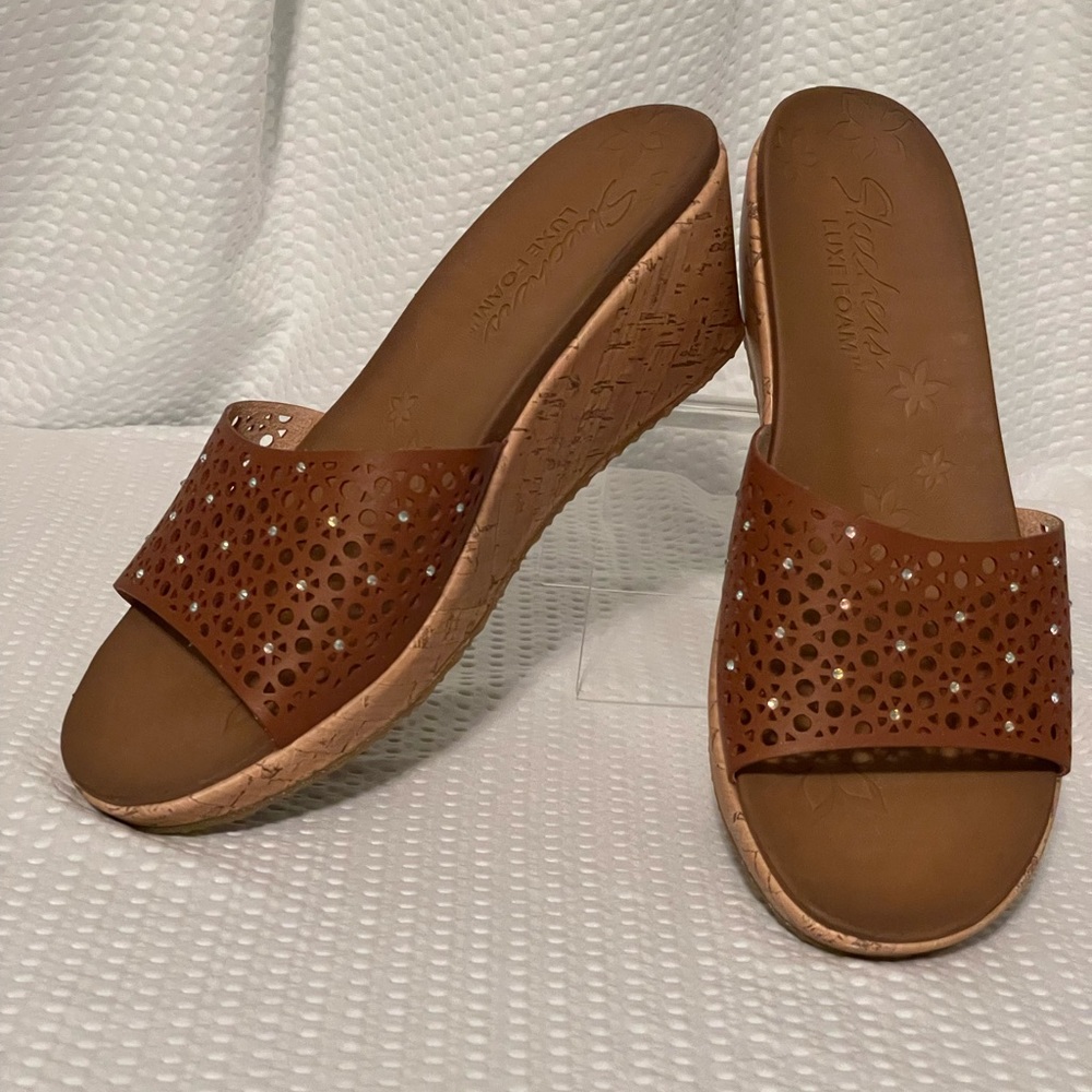 Skechers Luxe Foam Wedge Platform Slide sandals, jeweled brown, Size 9M, NEW